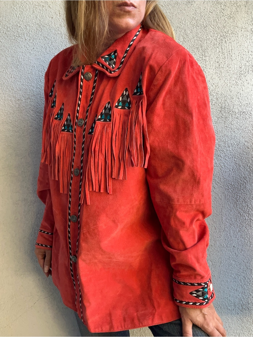 VTG 90s Bob Mackie Wearable Art Orange Suede Fringe Southwestern Jacket XL - Picture 4 of 16